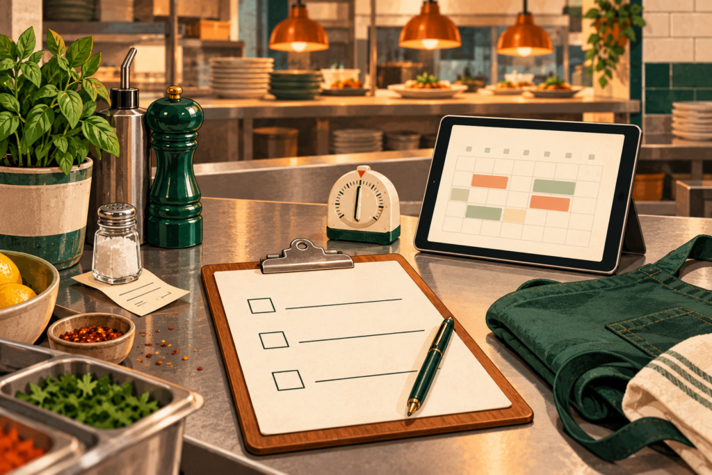 Editorial illustration of a restaurant prep counter with a blank checklist, timer, unbranded calendar tablet and folded apron.